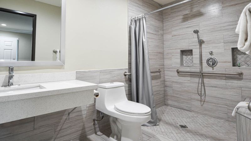 A clean bathroom with a toilet, shower, sink, and mirror.