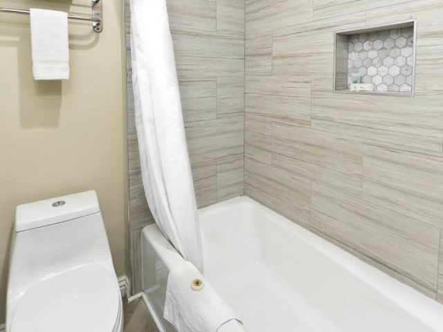 A bathroom with a toilet, bathtub, and shower curtain.
